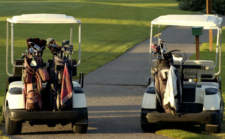 two golf carts on the cart path